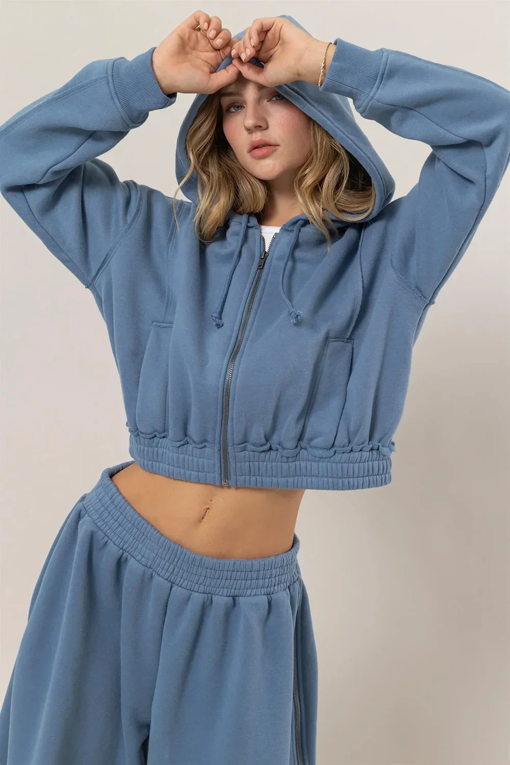 Cropped Zip Up Trendy Seam Detailing Fleece Fall Hoodie Jacket