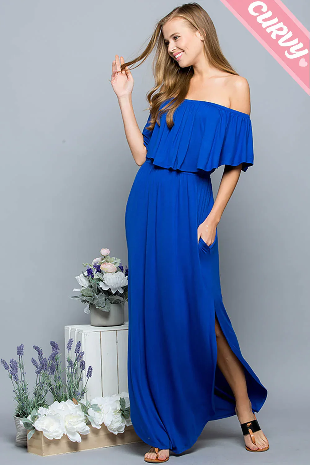 Plus Size Off Shoulder Side Slit Ruffle Jersey Maxi Dress