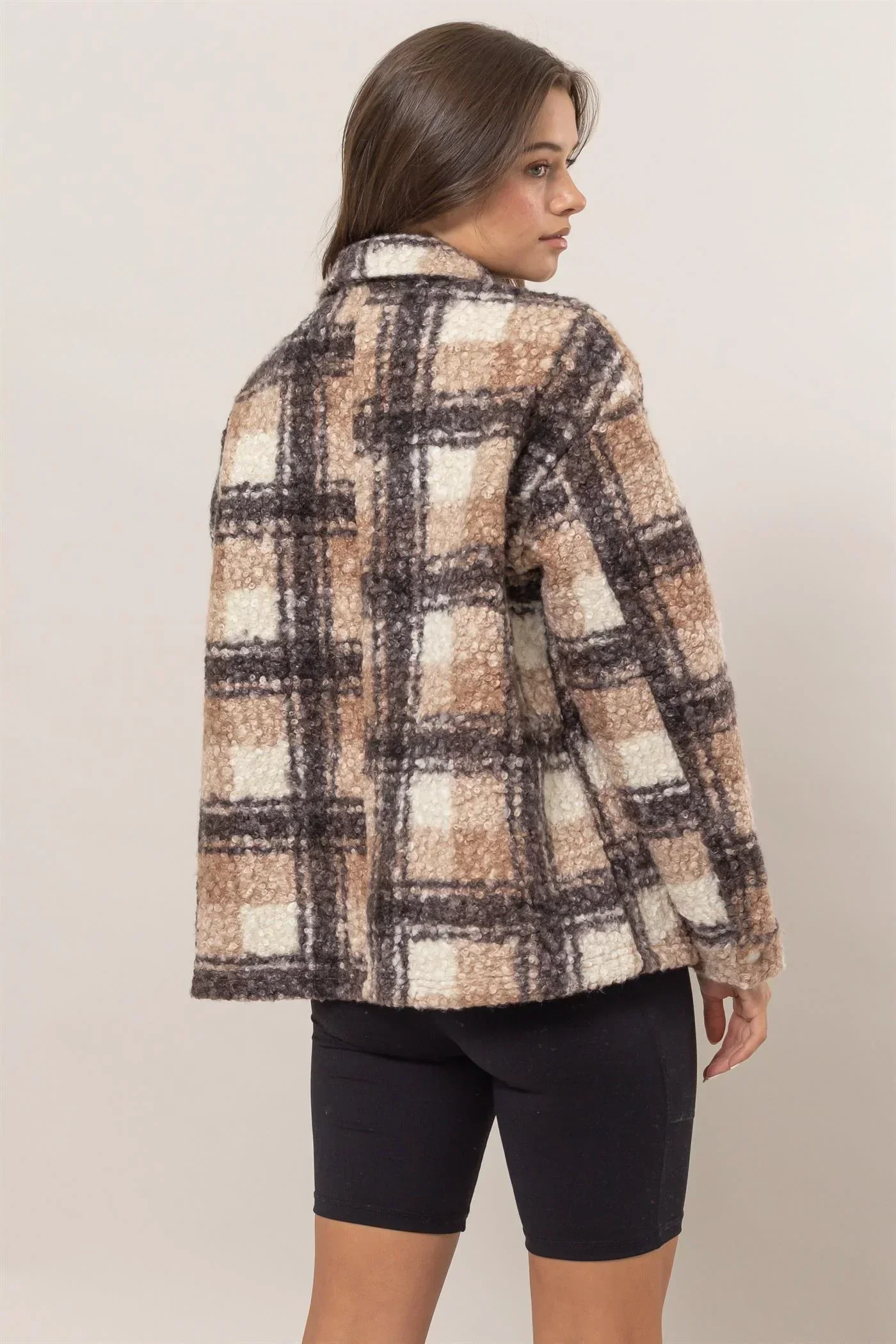 Plaid Collared Neck Front Button Side Pocket Boucle Jacket