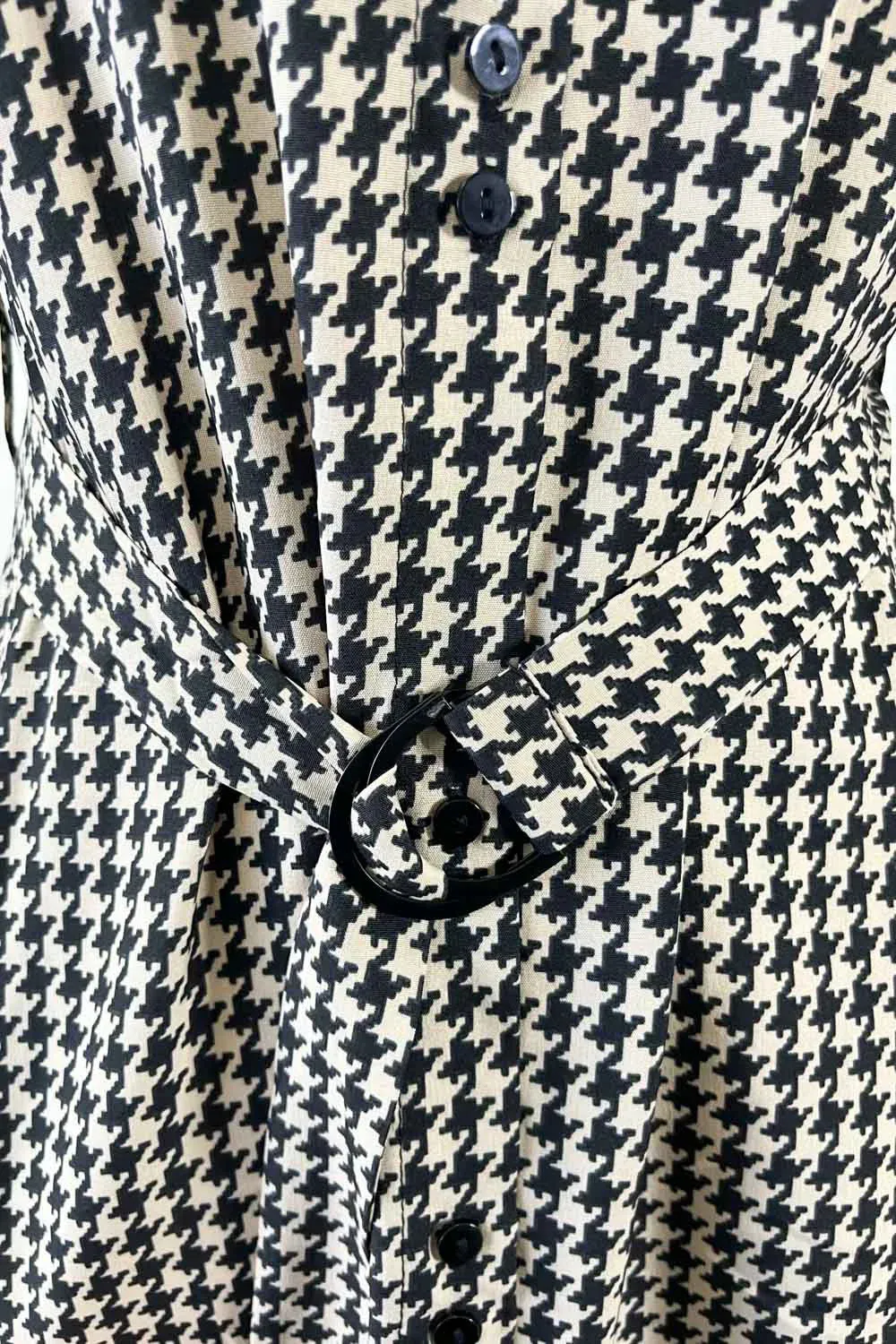 Houndstooth Print with Belt Cold Shoulder Long Sleeve Midi Shirt Dress