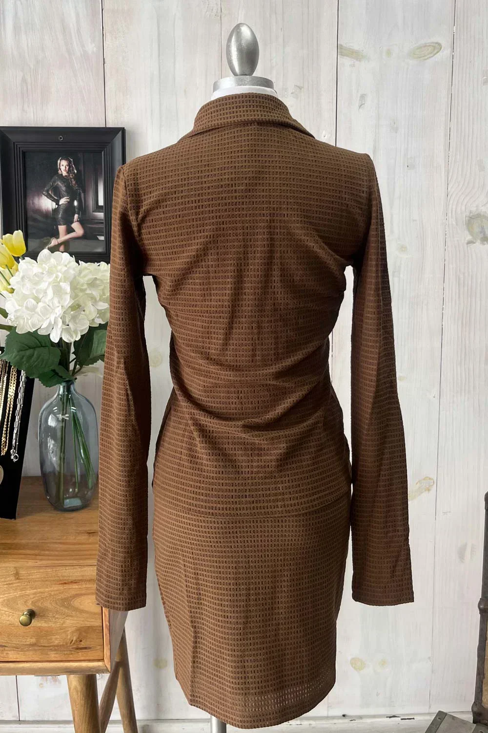 Textured Long Sleeve Button Front Shirt & Mini Skirt Set