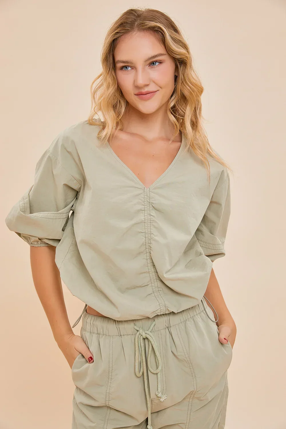 Safari Cotton Chic Utility Coord Balloon Sleeve Top & Cargo Pants Set