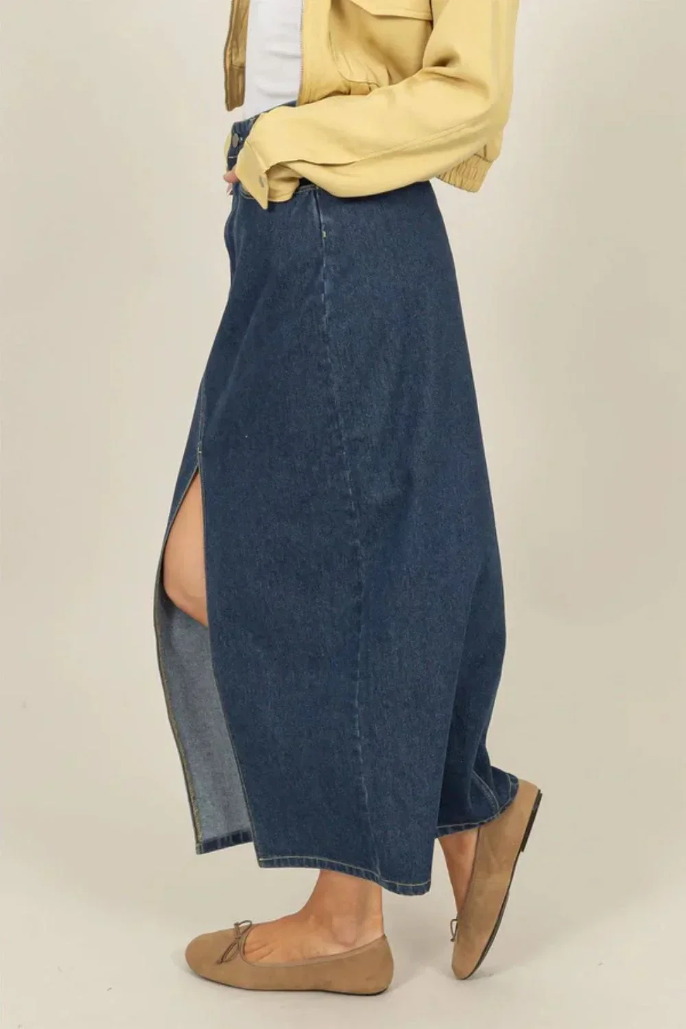 High Waisted Denim Skirt Front Slit Classic Blue Jean Boutique Midi Skirt
