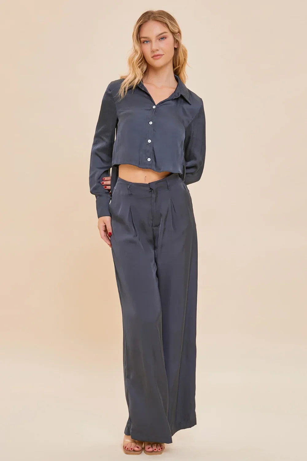 Black Tie Navy Dreams Cropped Satin Button-Up Shirt