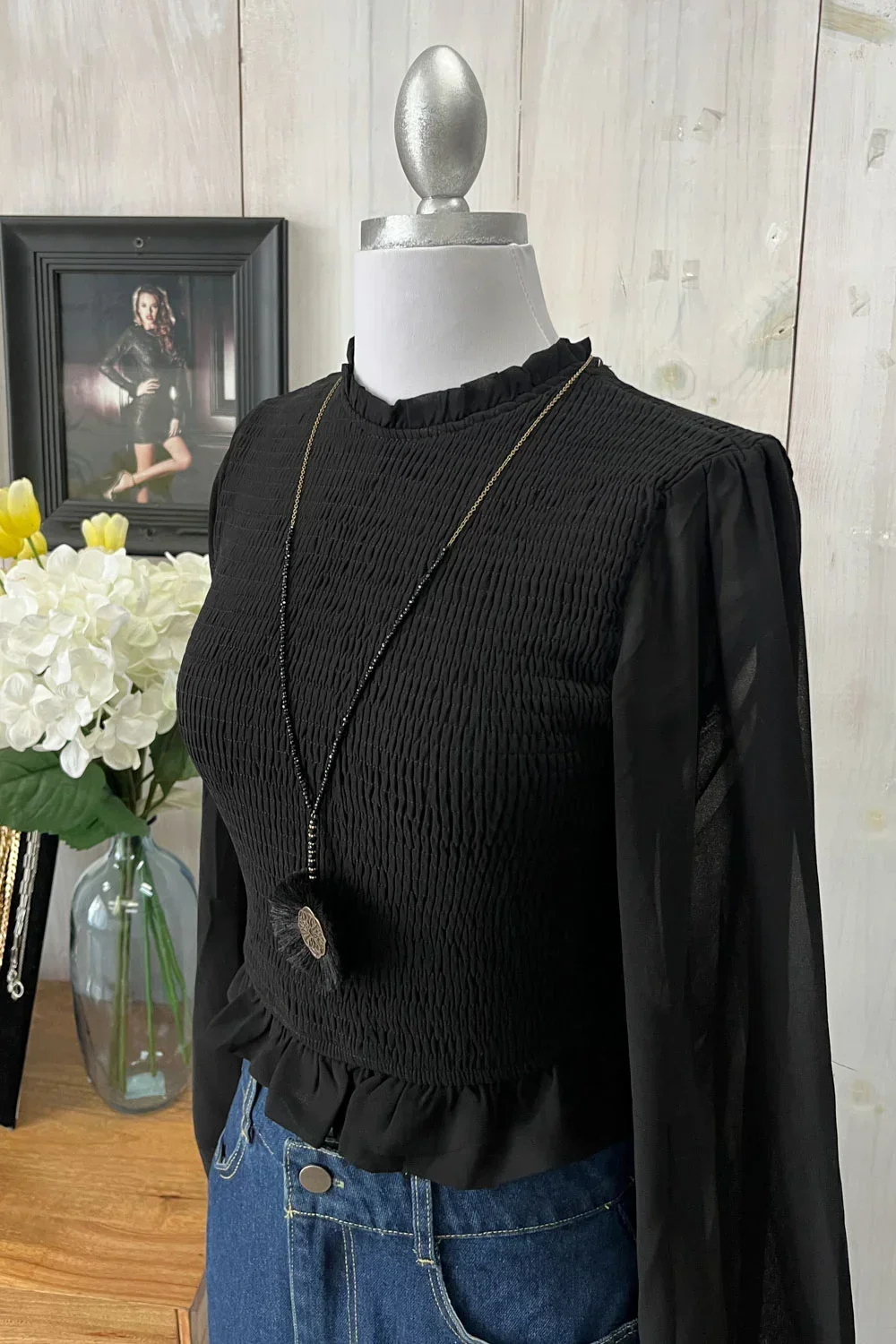 Smocked Long Sleeve Sheer Crop Top Trendy Boutique Fashion Top