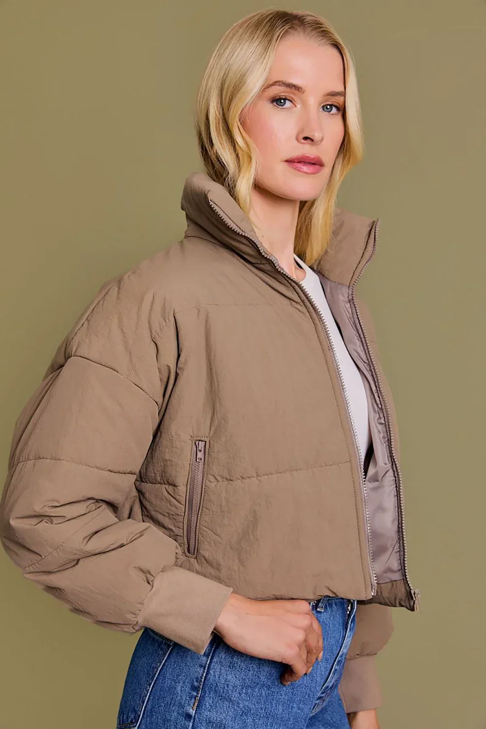 Quilted Puffer Stand Collar Zipper Pockets Cropped Bomber Jacket