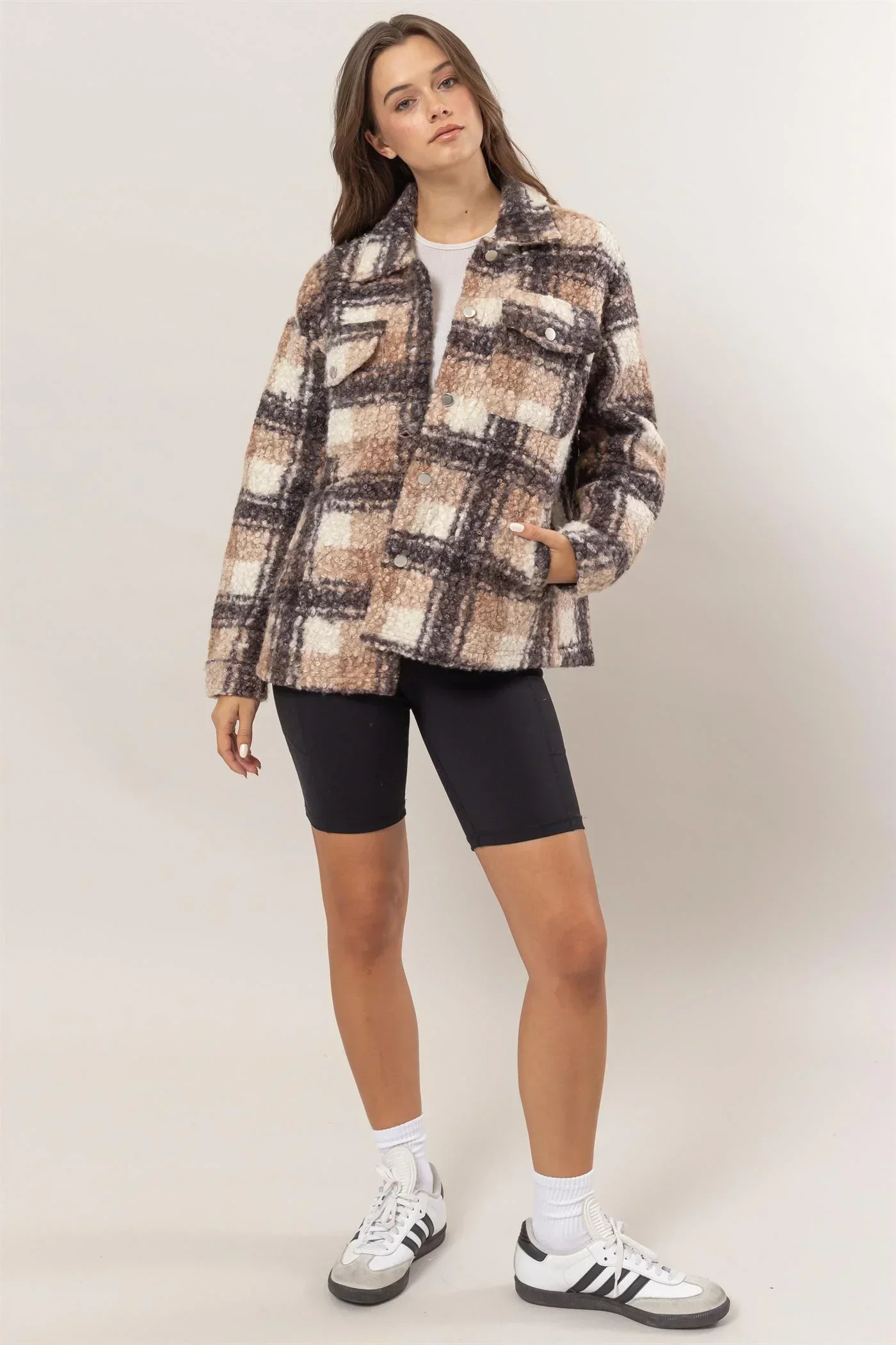 Plaid Collared Neck Front Button Side Pocket Boucle Jacket