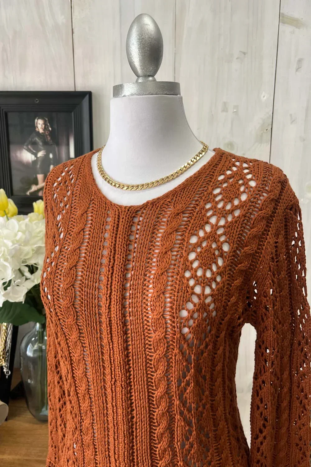 Crochet Cable Knit V-Neck Long Sleeve Eyelet Details Midi Dress