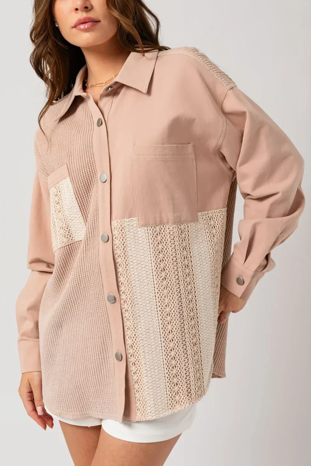 Dusty Blush Mixed Media Button Down Waffle Knit Shacket