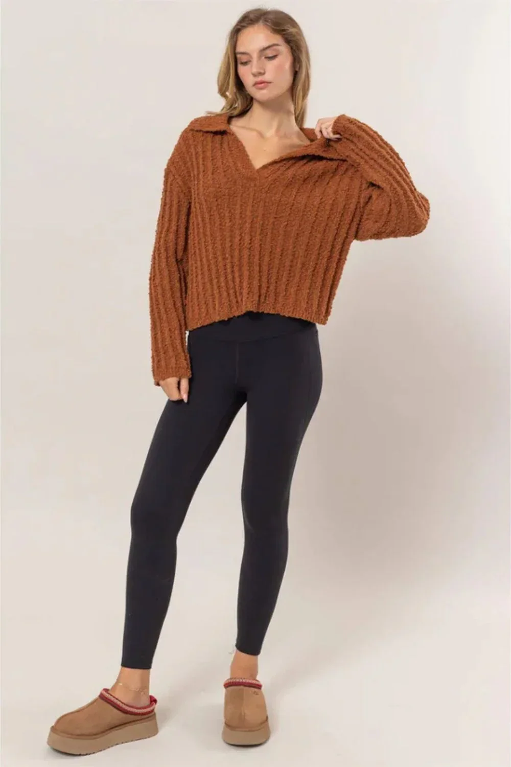 Ribbed Knit Collared Cropped Textured Fall Sweater