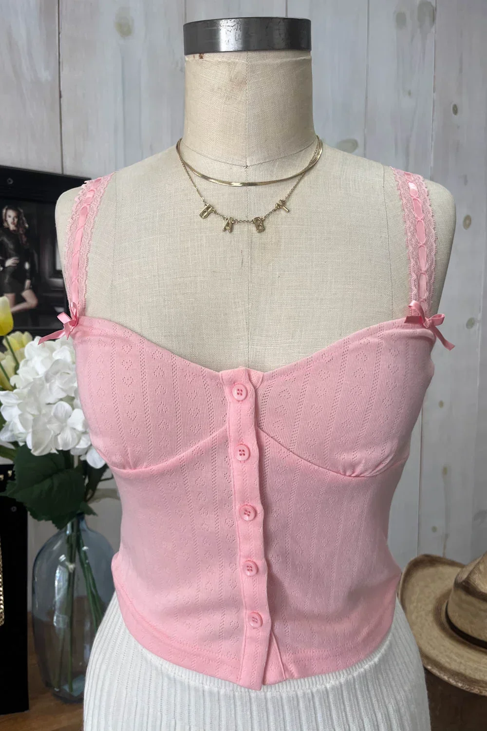 Ribbed Knit Button Front Corset Bustier Delicate Lace Trim and Bow Details Top