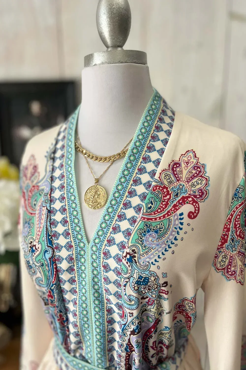 Bohemian Paisley V-Neck Long Sleeve Belted  Fashion Mini Dress