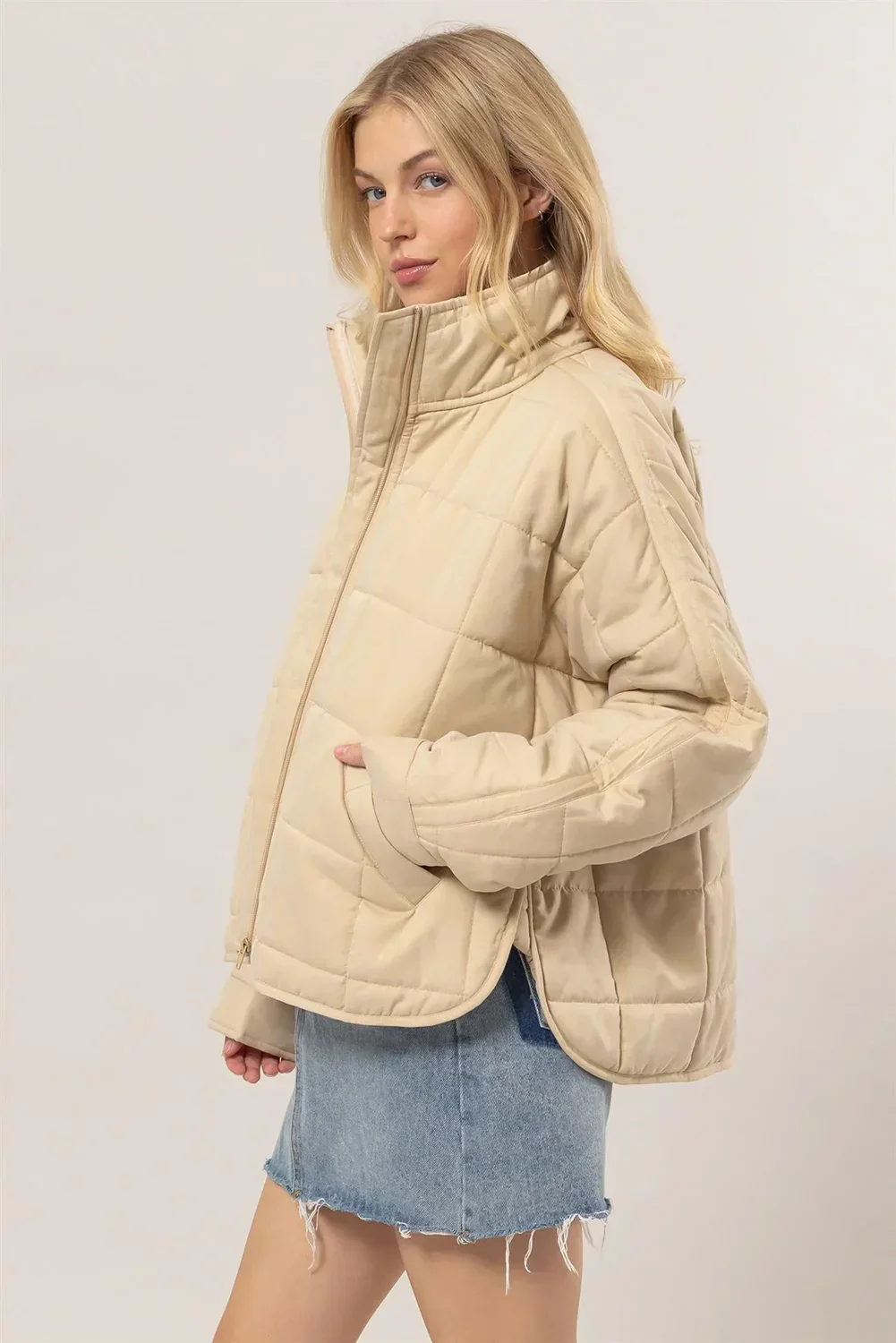Cream Beige Quilted Lightweight Zip Up Neutral Fall Winter Puffer Jacket