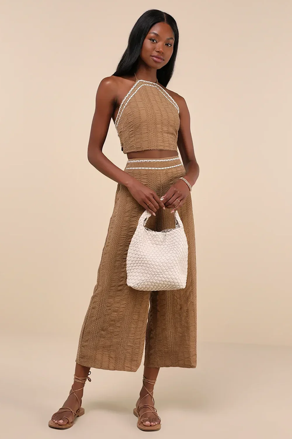 Sunny Confidence Tan Textured Velvet Sleeveless Bandeau Crop Halter Top