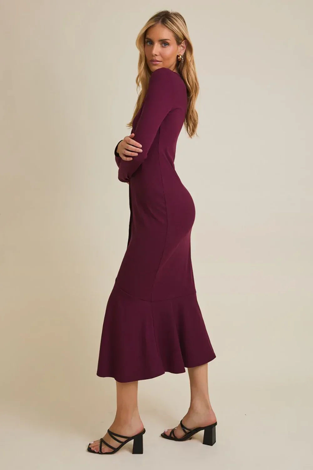 Plum Ribbed Button Front Long Sleeve V-Neck Midi Dress with Flare Hem