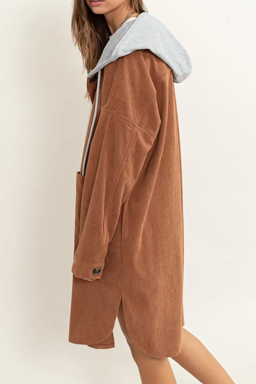 Oversized Corduroy Hooded Button Front Long Cardigan Jacket