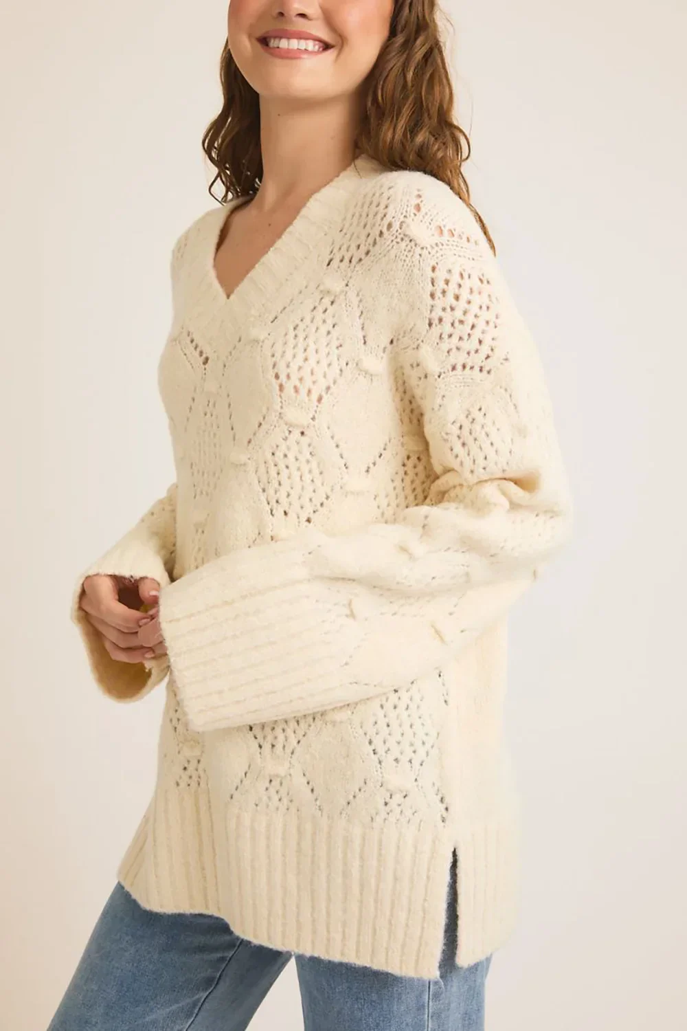 Cozy Cream Cable Knit V Neck Pointelle Ribbed Cuffs Side Slits Sweater