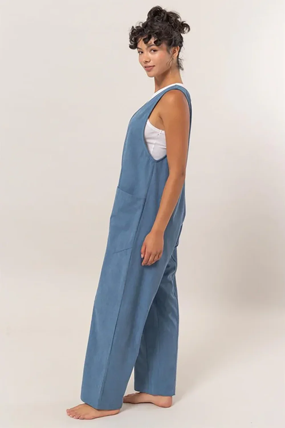 Corduroy Sleeveless V Neck Wide Leg Harem Overall Long Pants Jumpsuit