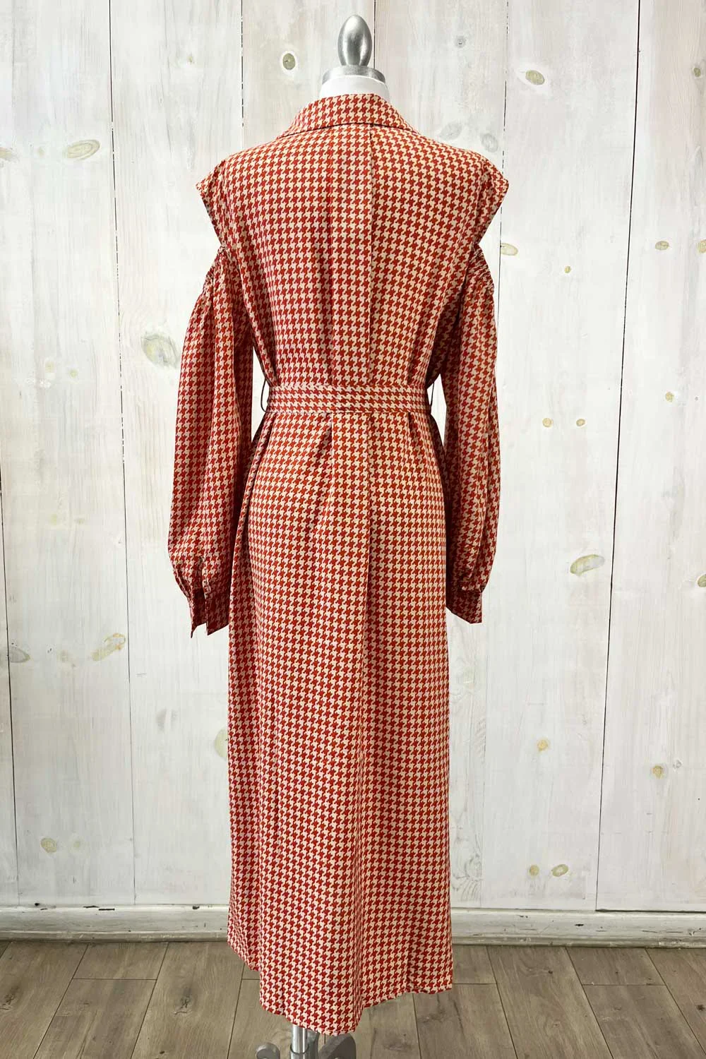 Houndstooth Print with Belt Cold Shoulder Long Sleeve Midi Shirt Dress