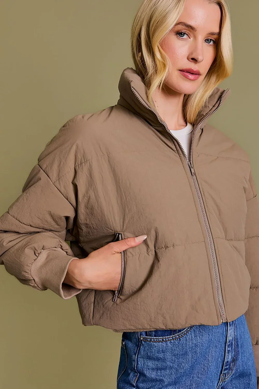 Quilted Puffer Stand Collar Zipper Pockets Cropped Bomber Jacket