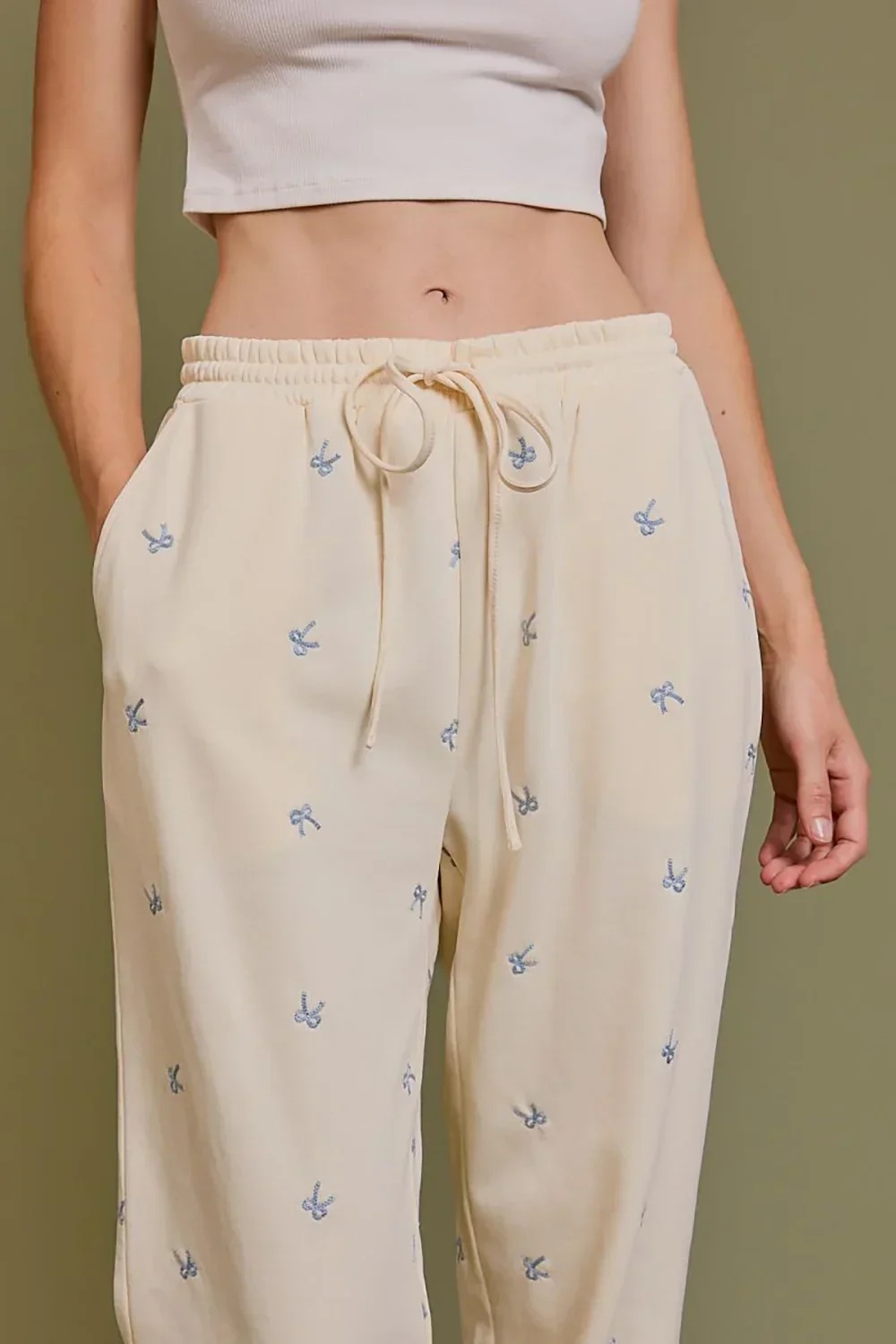 Cream Embroidered Bow Print Elastic Waist Drawstring Joggers
