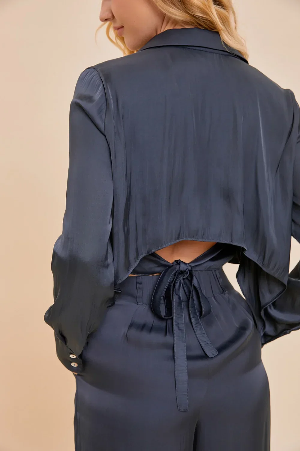 Black Tie Navy Dreams Cropped Satin Button-Up Shirt