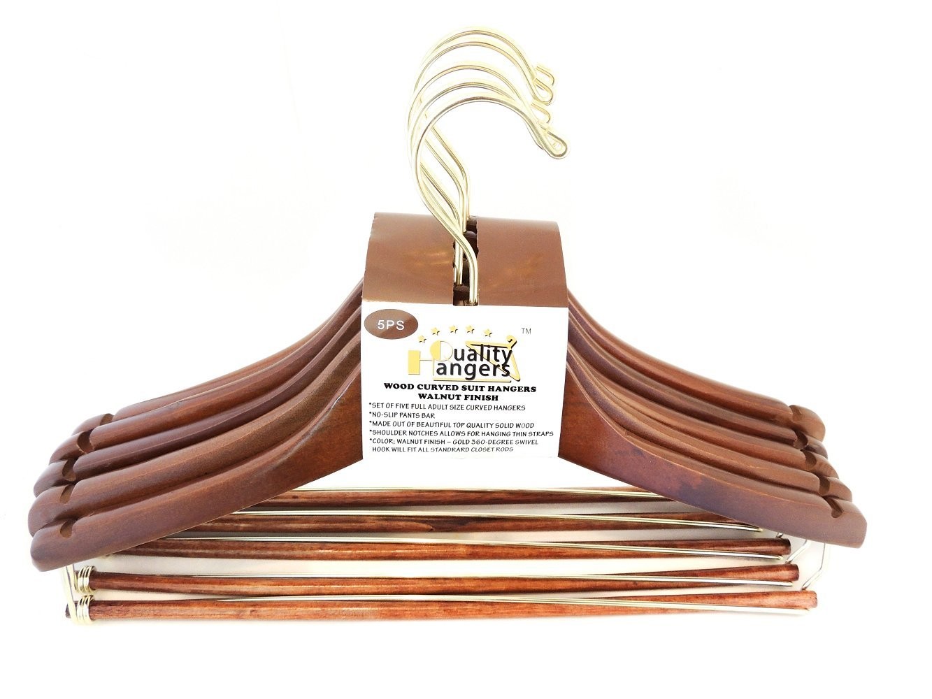 Quality Hangers Wooden Hangers Beautiful Sturdy Suit Curved Hangers Great for Travelers Heavy Duty Coat Hanger with Locking Bar Gold Hooks (5 Pack)