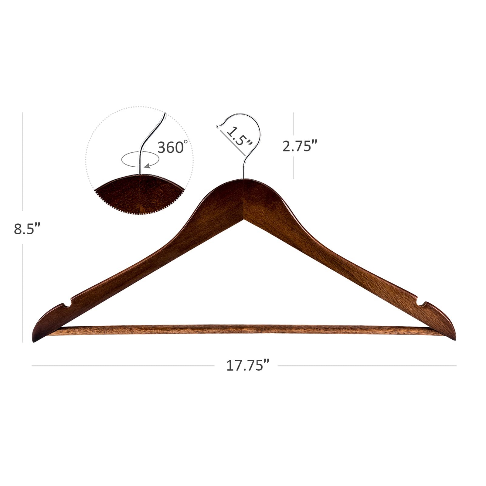 HOUSE DAY Wooden Hangers 30 Pack, Solid Wood Coat Hanger Heavy Duty, Smooth Finish Bulk Wood Hangers, High-Grade Wooden Clothes Hanger with Non Slip Pant Bar, 360° Swivel Hook