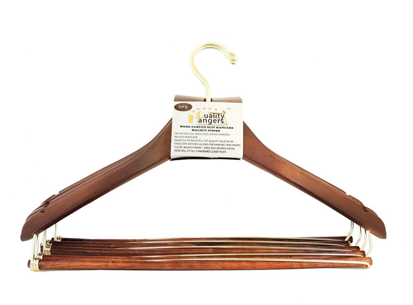 Quality Hangers Wooden Hangers Beautiful Sturdy Suit Curved Hangers Great for Travelers Heavy Duty Coat Hanger with Locking Bar Gold Hooks (5 Pack)