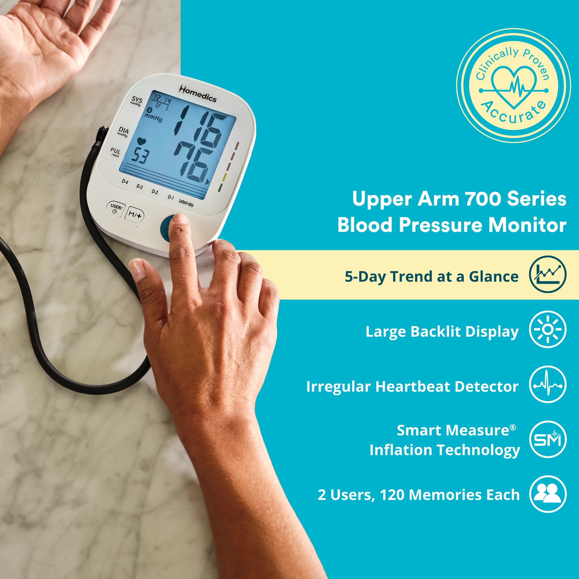 Homedics 5-Day Trend-at-a-Glance Arm 700 Series Blood Pressure Monitor, One-Touch Use Accurate Results