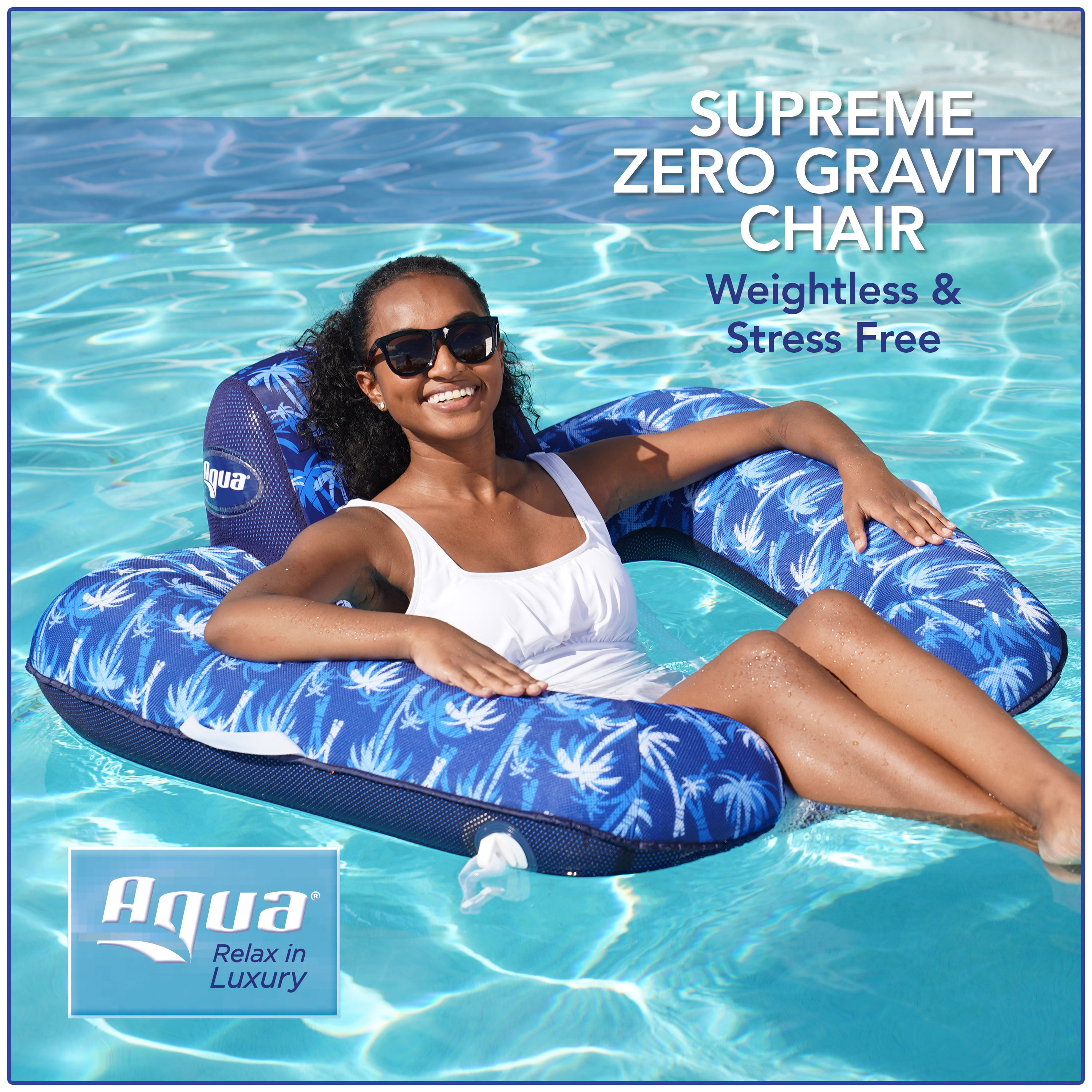 Aqua Adult Zero Gravity Chair Pool Float with Adjustable Sizes, Palm Trees, Unisex, Blue