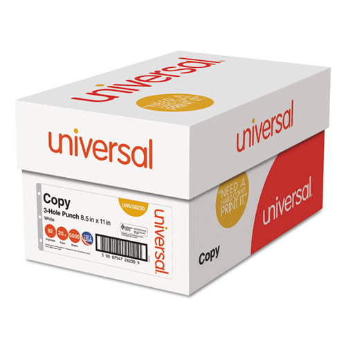 Universal Copy Paper, 92 Bright, 3-Hole, 20 lb Bond Weight, 8.5 x 11, White, 500 Sheets/Ream, 10 Reams/Carton