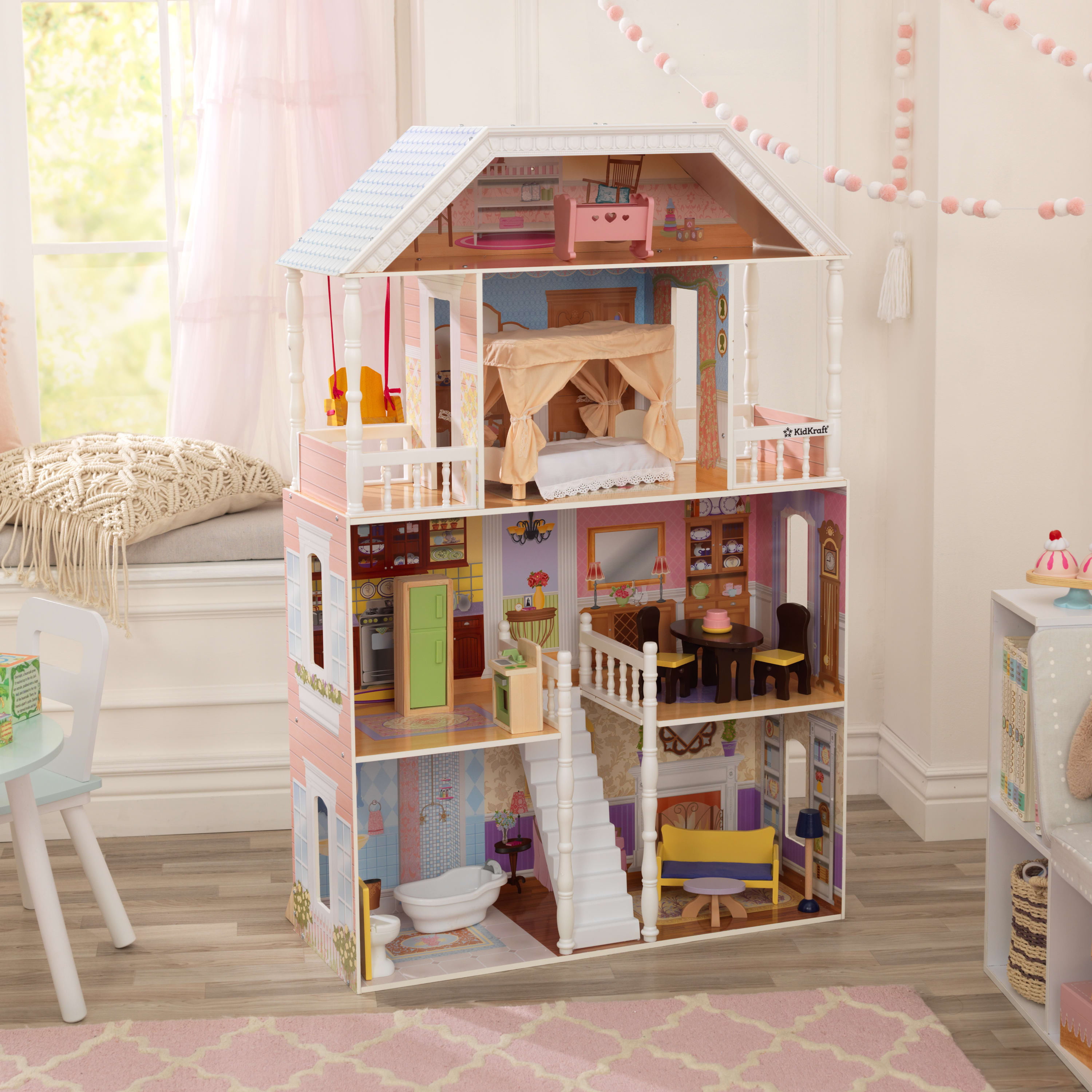 KidKraft Savannah Wooden Dollhouse, Over 4 feet Tall with Porch Swing and 14 Accessories