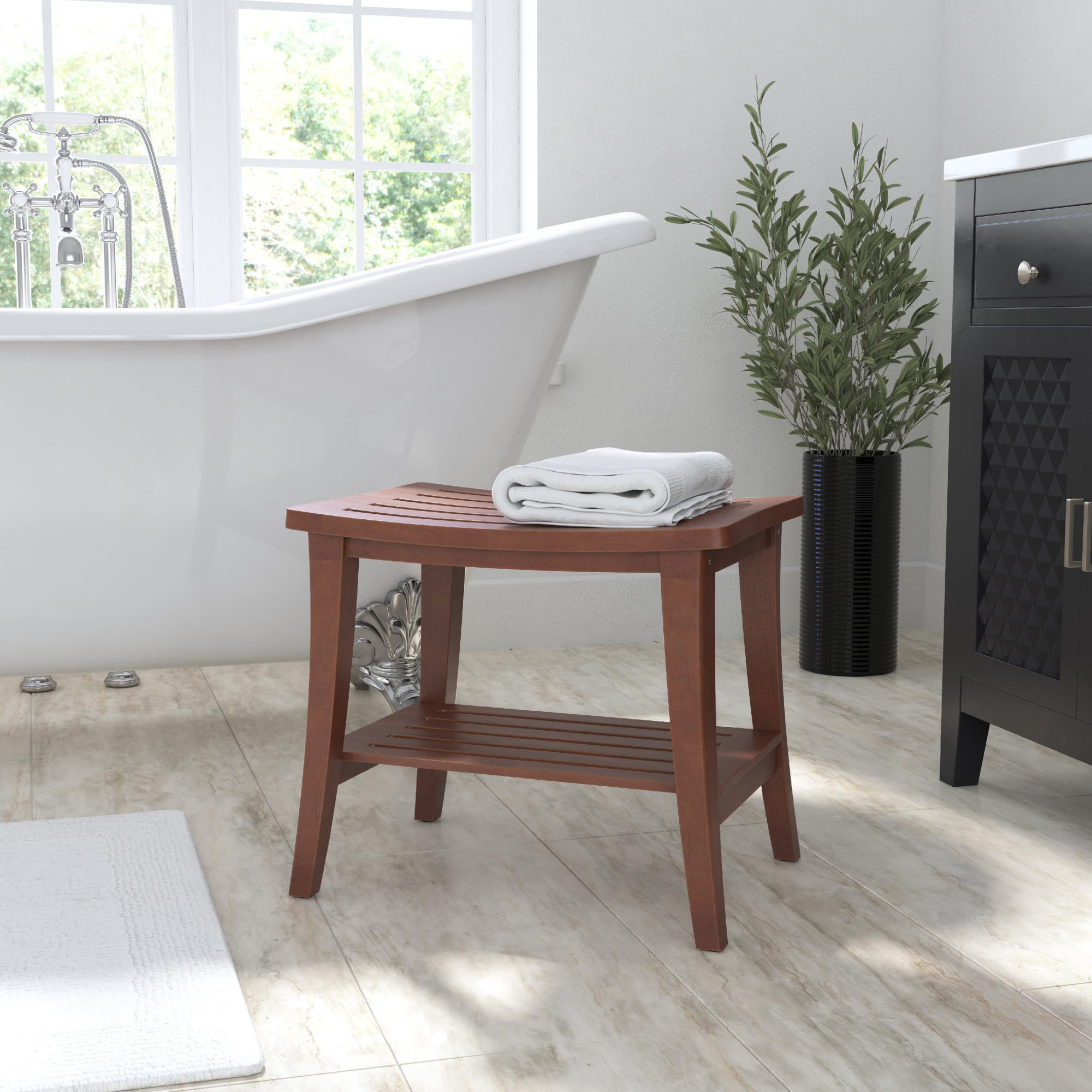 Hillsdale Furniture Preston Backless Acacia Wood Shower Stool, Walnut