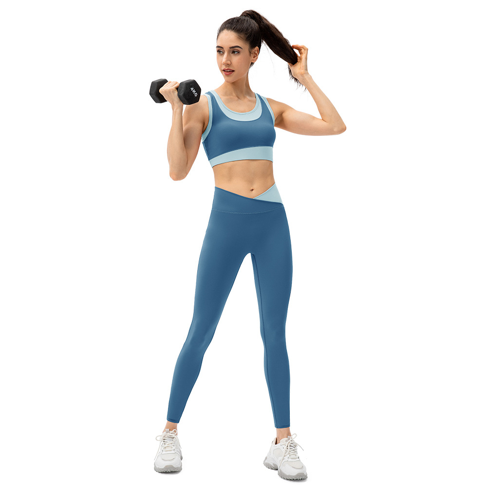 Women's nudity-free yoga pants with contrasting colors, cross-waist sports pants, tight-fitting butt-lifting fitness pants
