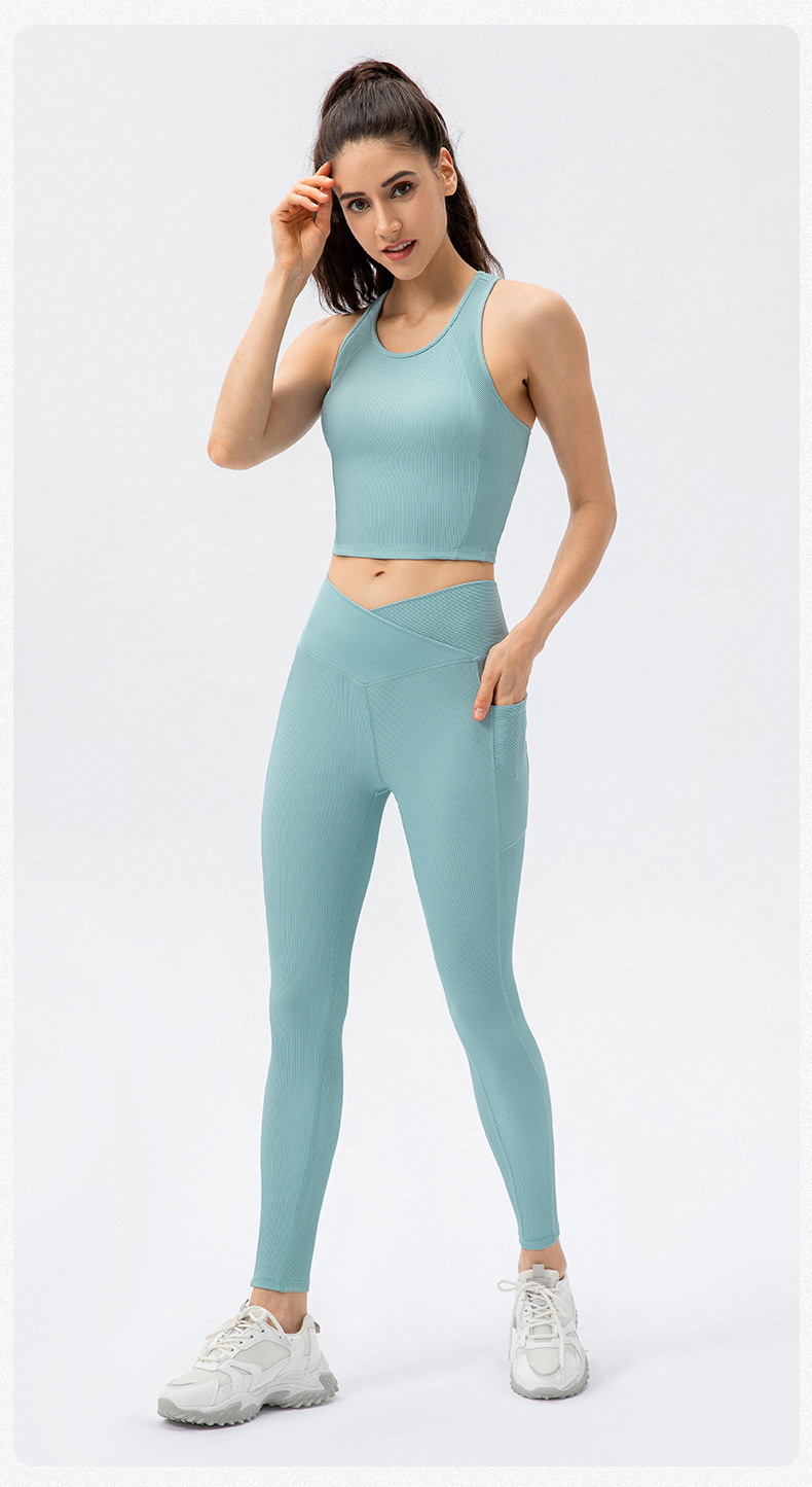 New women's high-waisted yoga trousers with pockets, hip lifting, slimming, tight-fitting cross-waist sports fitness pants