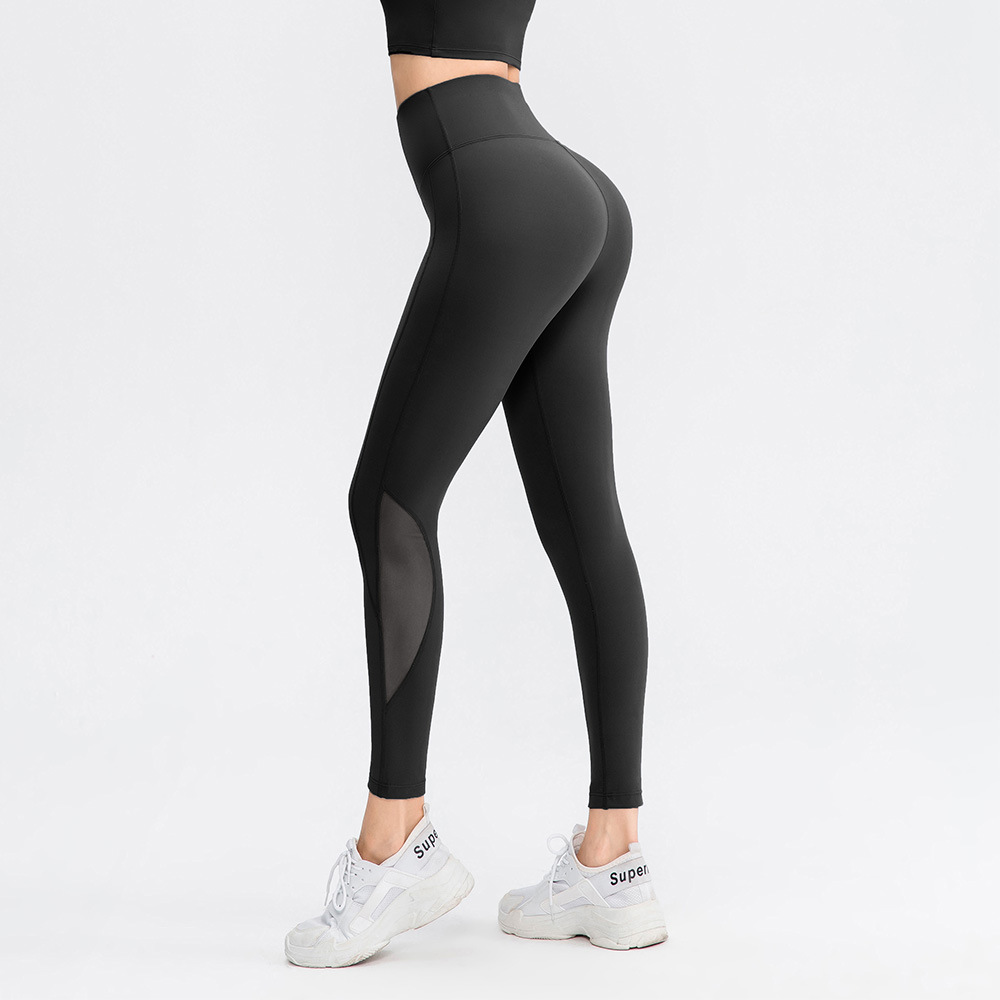 New double-sided brushed yoga pants for women, nude high-waist tight fitness pants, mesh breathable sports pants