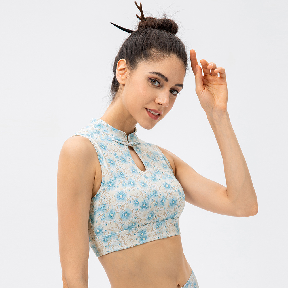 Ancient Style Yoga Vest for Women, Nude-Feel One-Padded Fitness Bra, Chinese Style Fold-Knot Sports Underwear