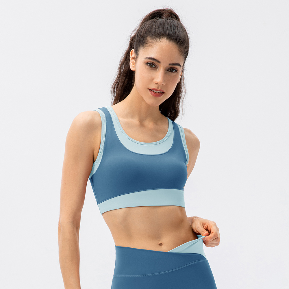 One-piece color-blocked yoga vest for women, high-intensity shockproof training sports bra, nude-feel fitness underwear