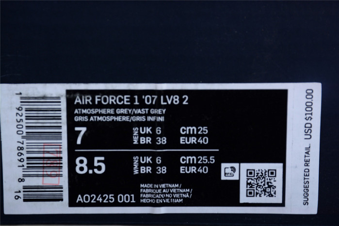 Nike Air Force 1 Low '07 LV8 2 Atmosphere Grey Thunder Grey Men's -  AO2425-001 - US