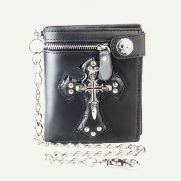 Mens Gothic Skull Cross Leather Punk Wallet with Long Metal Chain
