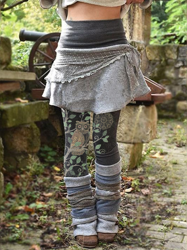Casual owl print stretch Half skirt Leggings