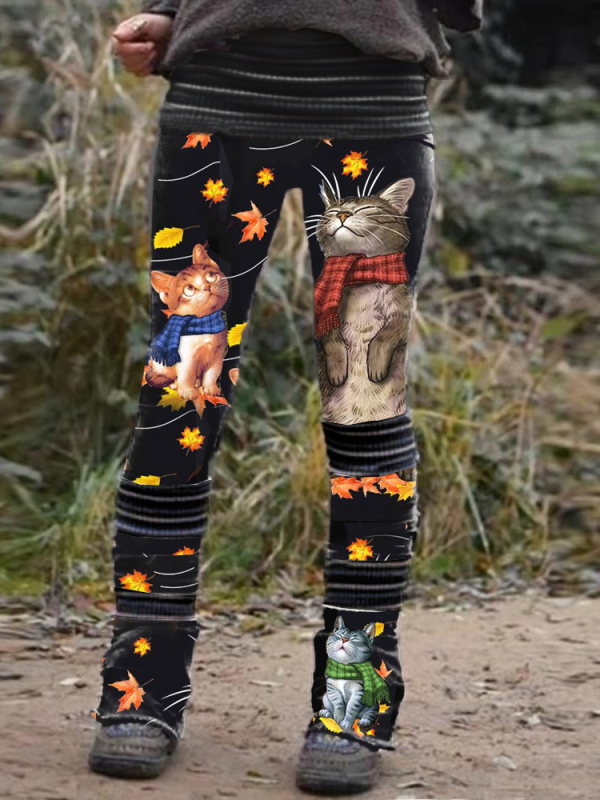 Retro floral cat print stitched thermal integrated Leggings