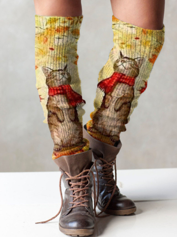Retro cat print knit boot cuffs leg warmers