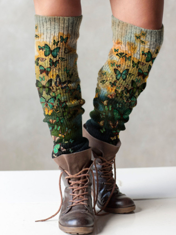 Retro butterfly print knit leg warmers boot cuffs