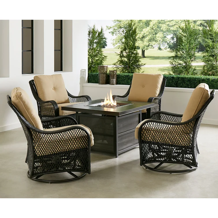 5 Piece Steel Patio Fire Pit Set with Sahara Sand Cushions & 26 in. Square Fire pit Side Table