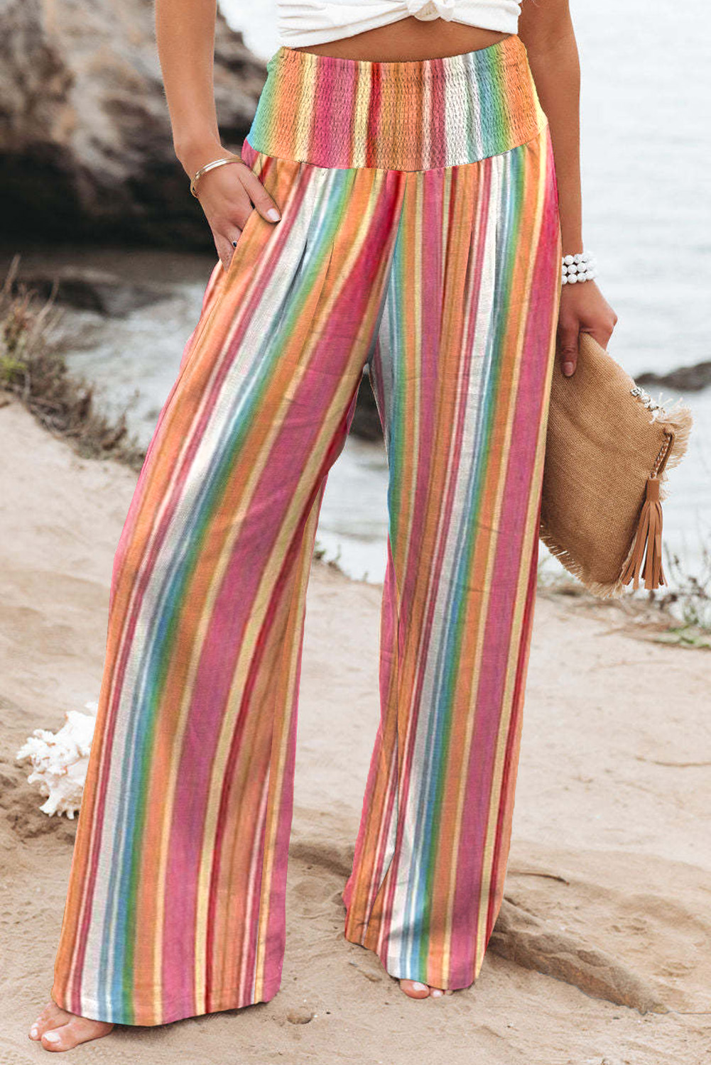 high waist pants for women striped pants women Multicolor Striped Smocked High Waist Wide Leg Pants