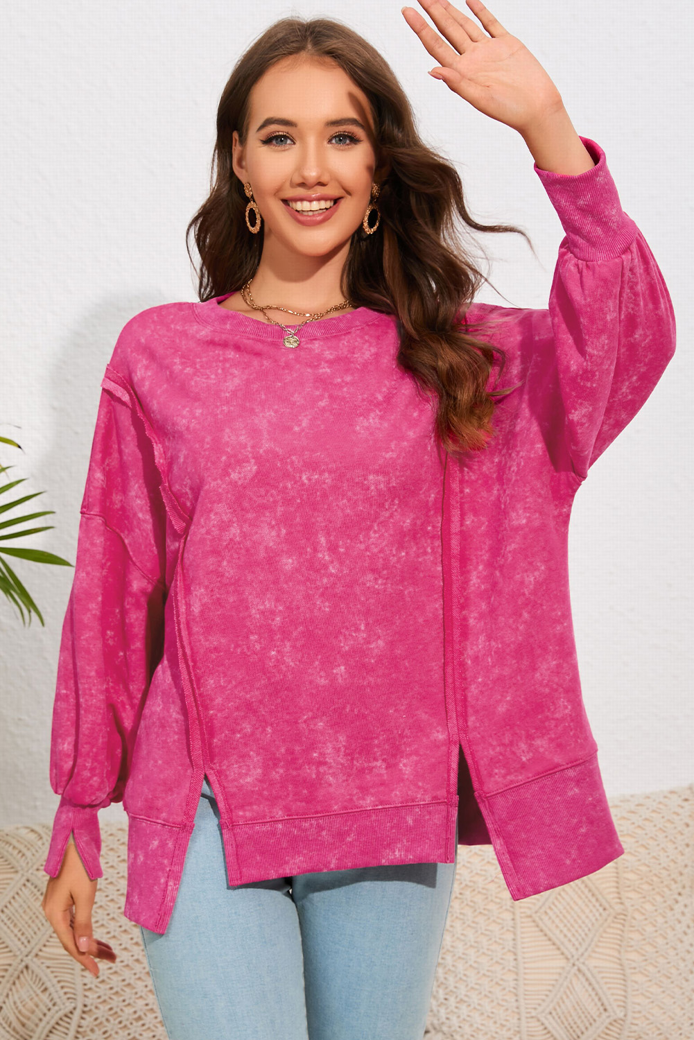 Rose Acid Wash Relaxed Fit Seamed Pullover Sweatshirt with Slits