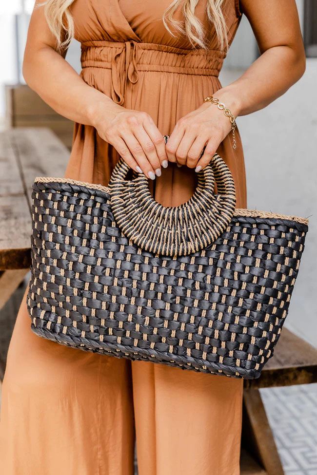 Black Vintage Straw Woven Vacation Hand Bag