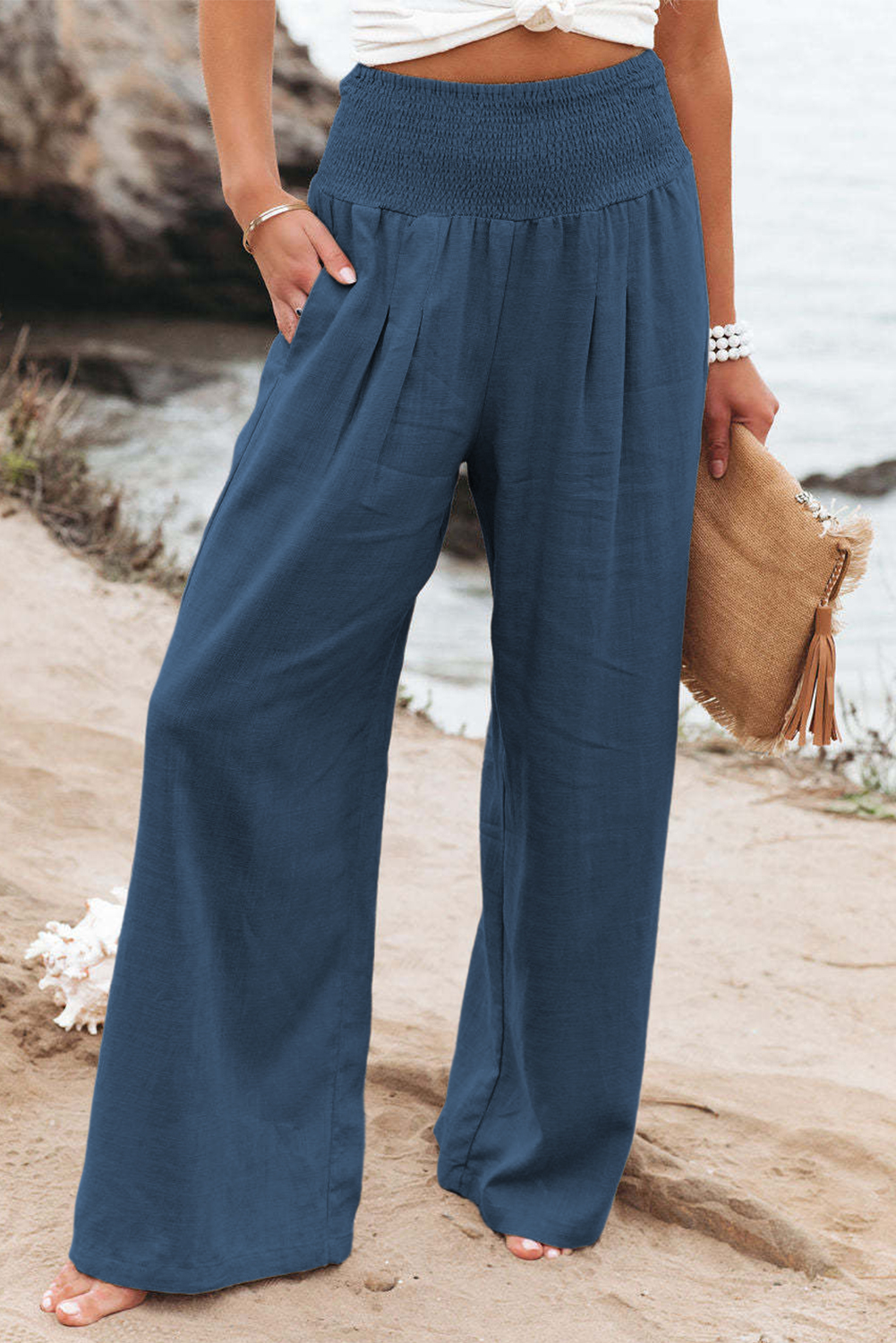 high waisted wide leg pants wide leg elastic waist pants blue trousers women wide leg pants women high waisted wide leg pants Sky Blue Smocked Wide Waistband High Waist Wide Leg Pants